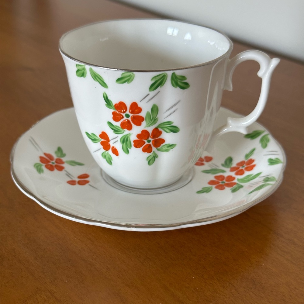 Vintage Roslyn Fine Bone China England Floral Silver Trim Teacup and Saucer Set